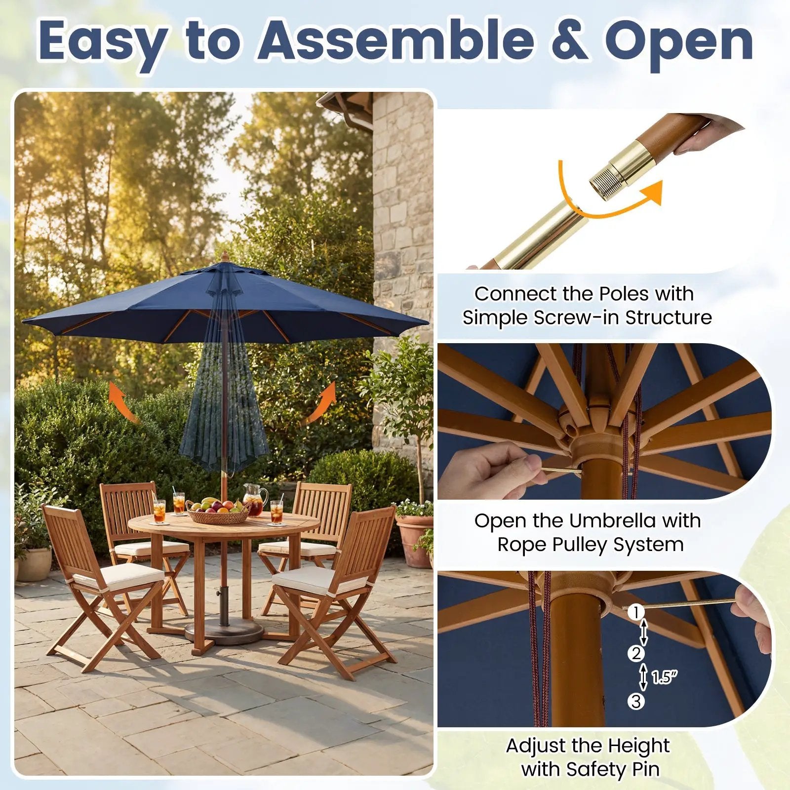 9 FT Patio Umbrella Outdoor Table Market Umbrella with 8 Sturdy Bamboo Ribs by DirectDeals