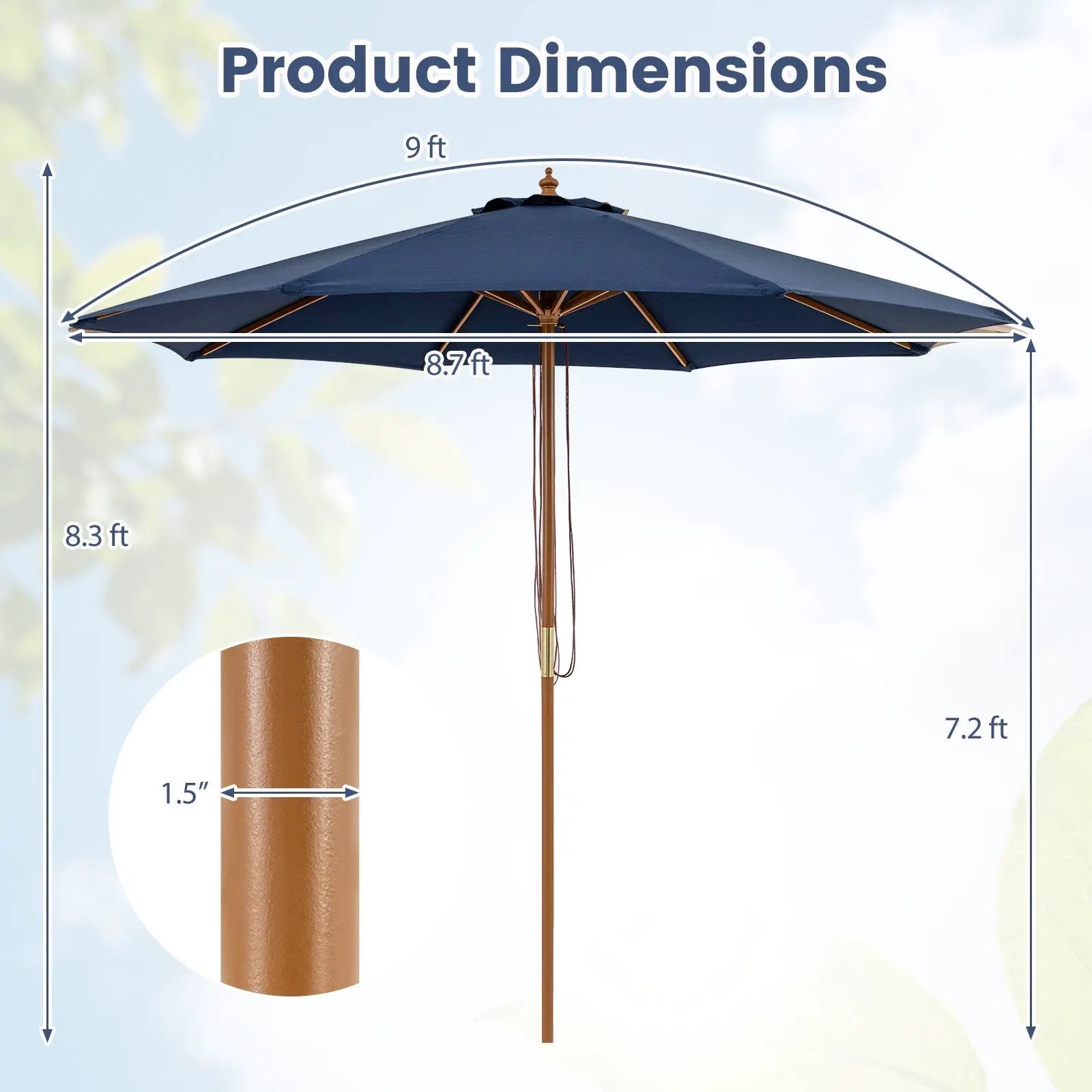 9 FT Patio Umbrella Outdoor Table Market Umbrella with 8 Sturdy Bamboo Ribs by DirectDeals