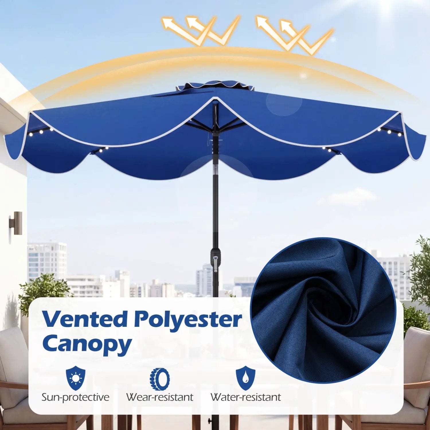 9 FT Scalloped Solar Patio Umbrella Market Table Umbrella with 24 LED Lights by DirectDeals