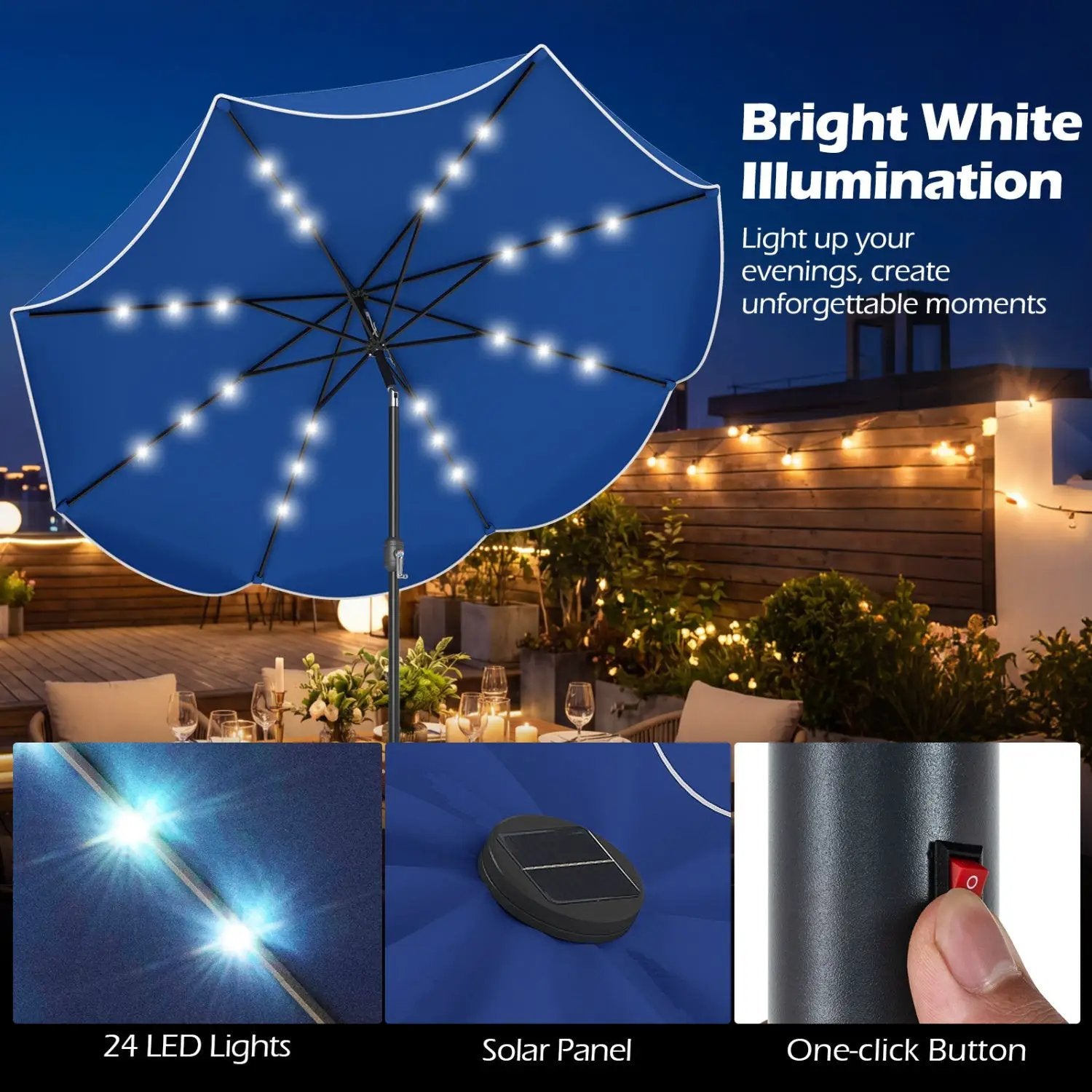 9 FT Scalloped Solar Patio Umbrella Market Table Umbrella with 24 LED Lights by DirectDeals