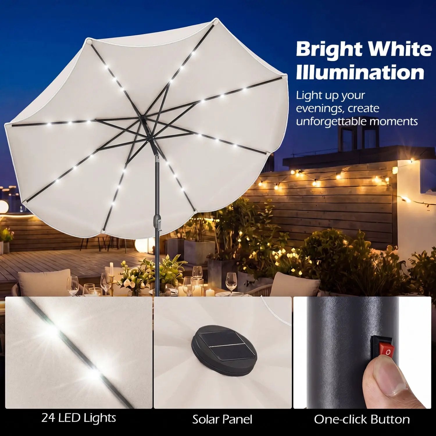 9 FT Scalloped Solar Patio Umbrella Market Table Umbrella with 24 LED Lights by DirectDeals