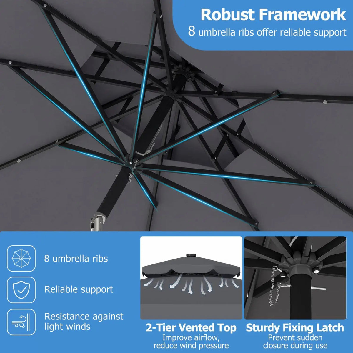9 FT Solar LED Patio Umbrella Push-Button Tilt and Crank 24 LED Lights and 8 Ribs by DirectDeals