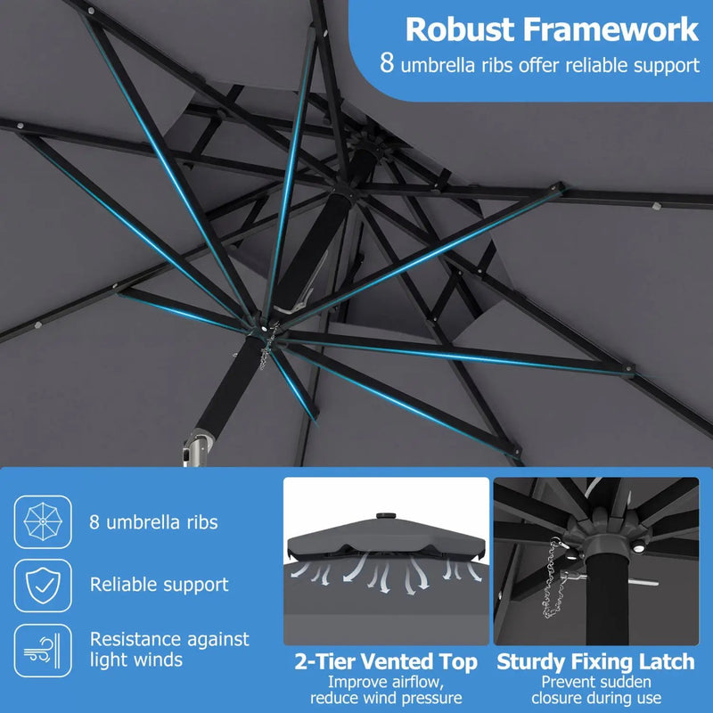 9 FT Solar LED Patio Umbrella Push-Button Tilt and Crank 24 LED Lights and 8 Ribs by DirectDeals
