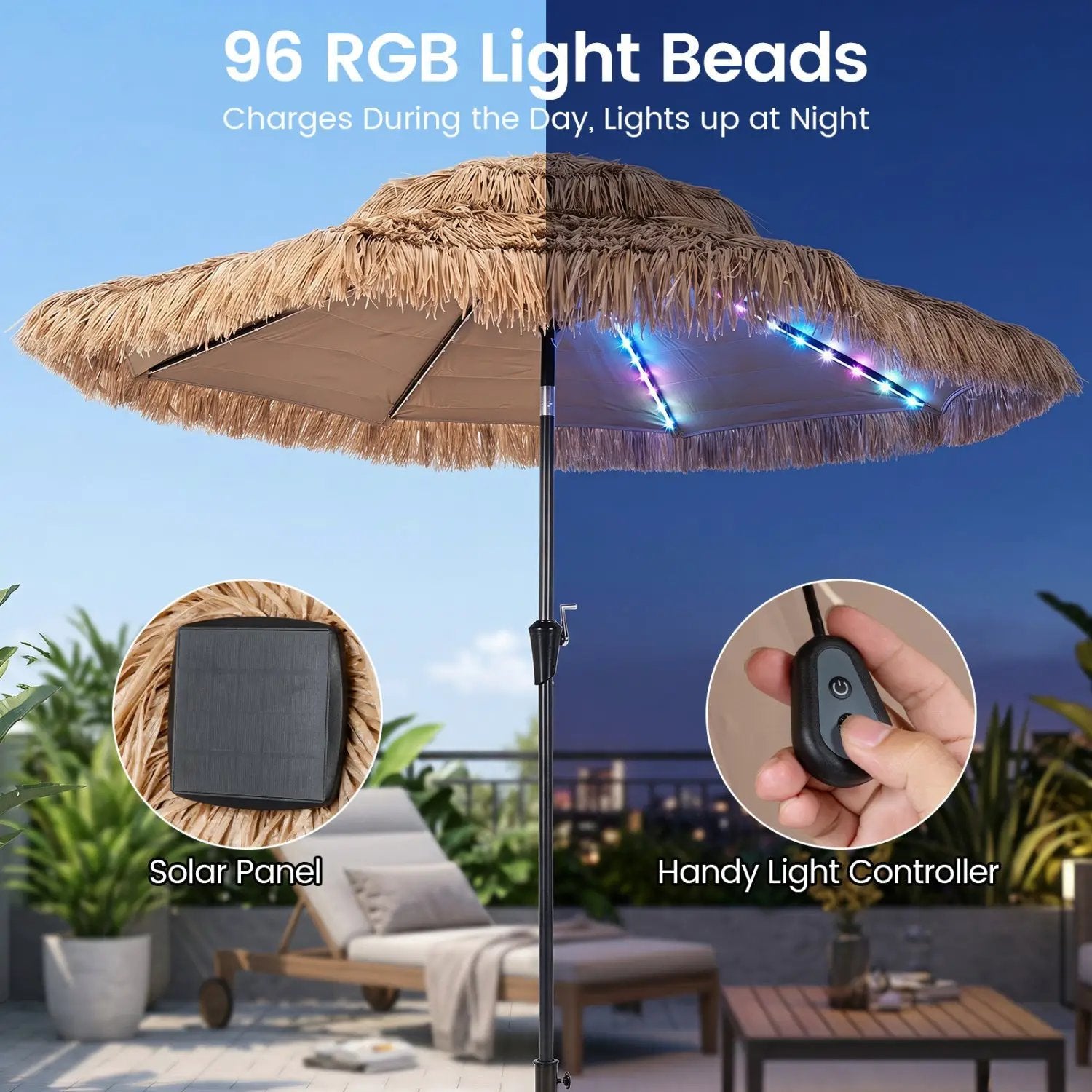 Thatched Tiki Umbrella 9 FT with Solar LED Lights by DirectDeals