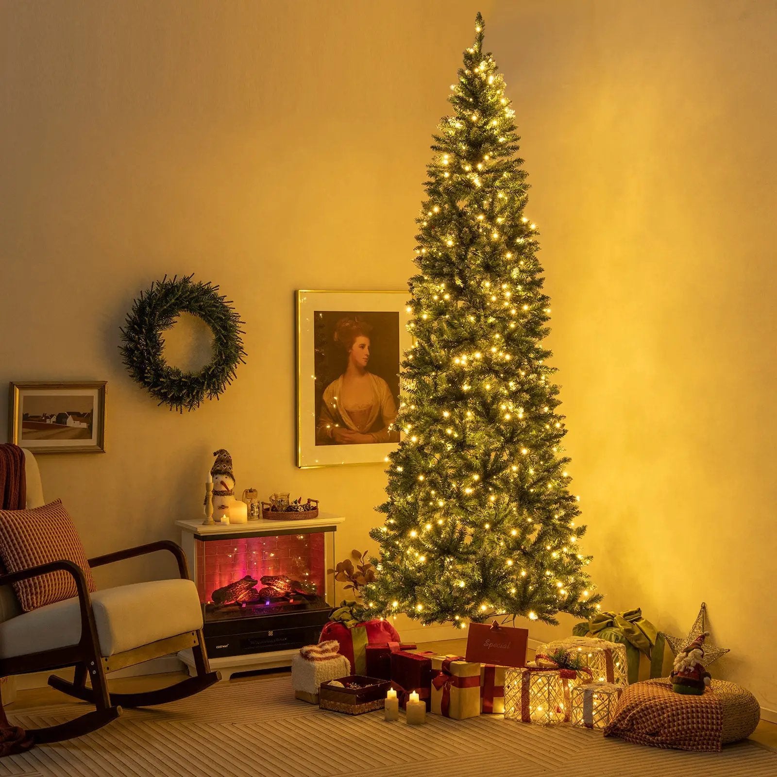 9 FT Pre-Lit Artificial Christmas Tree with 1298 Snowy Branch Tips by DirectDeals