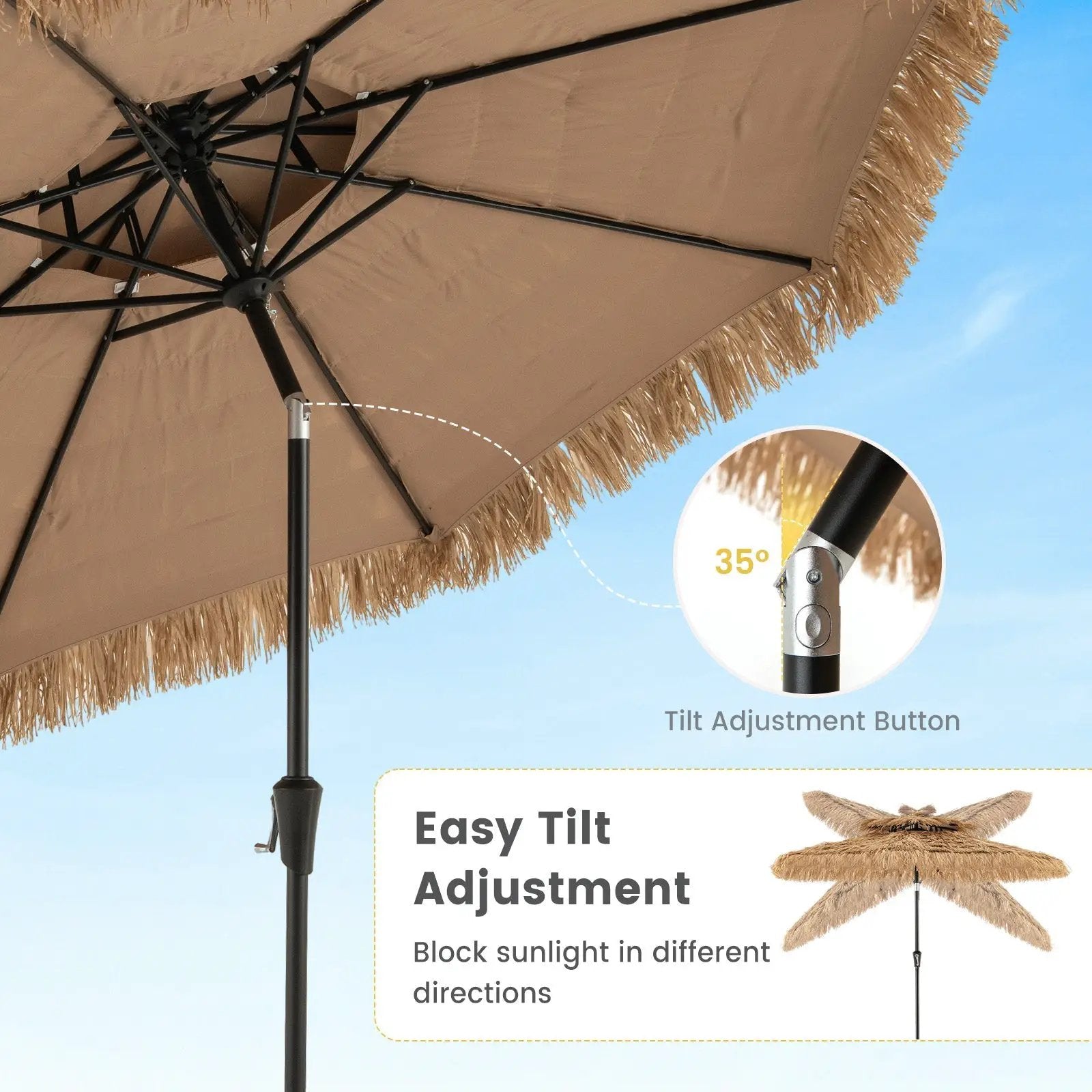 9 Feet Thatched Tiki Umbrella with 8 Ribs by DirectDeals