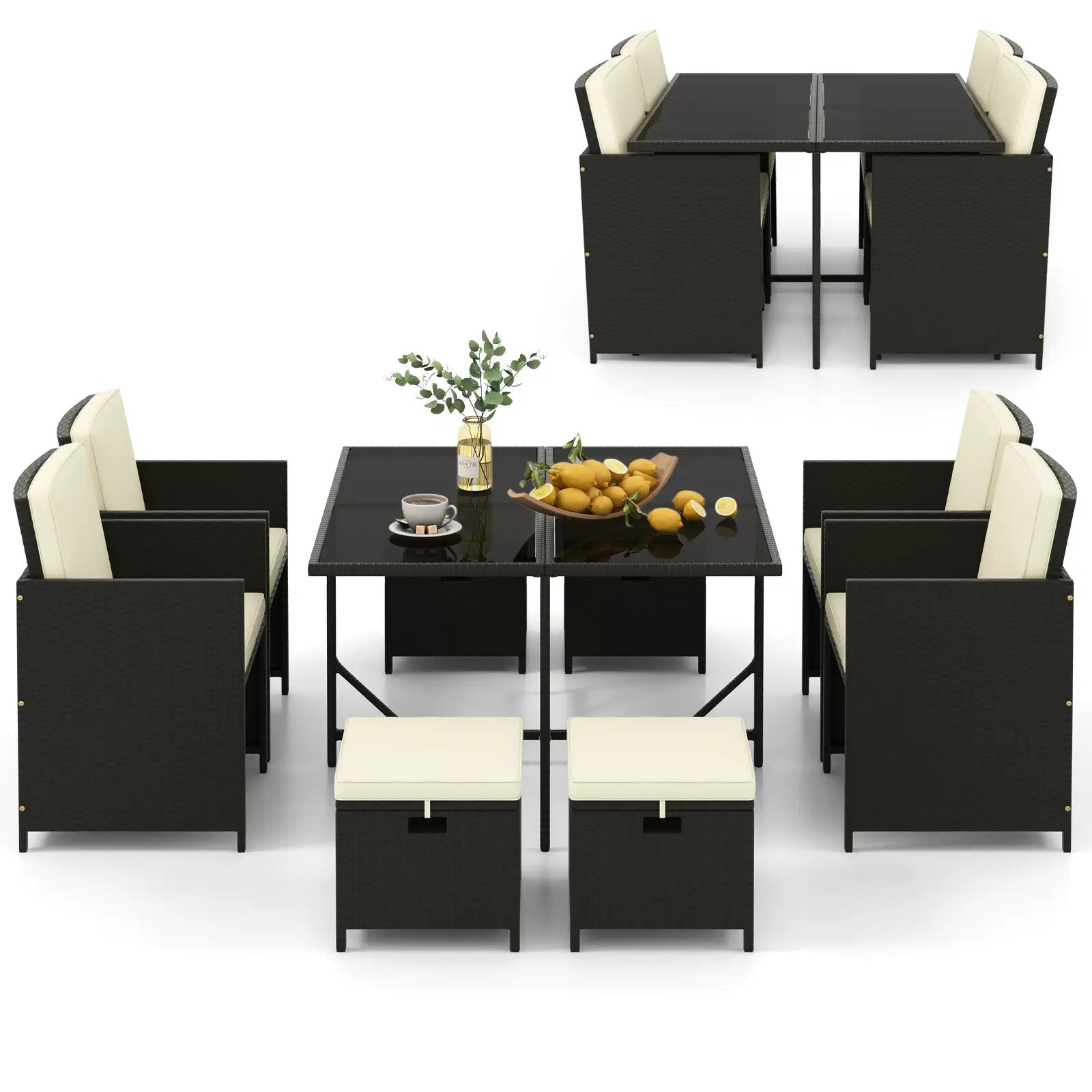9 PCS Outdoor Dining Furniture Set with Tempered Glass Table and Ottomans-White by DirectDeals