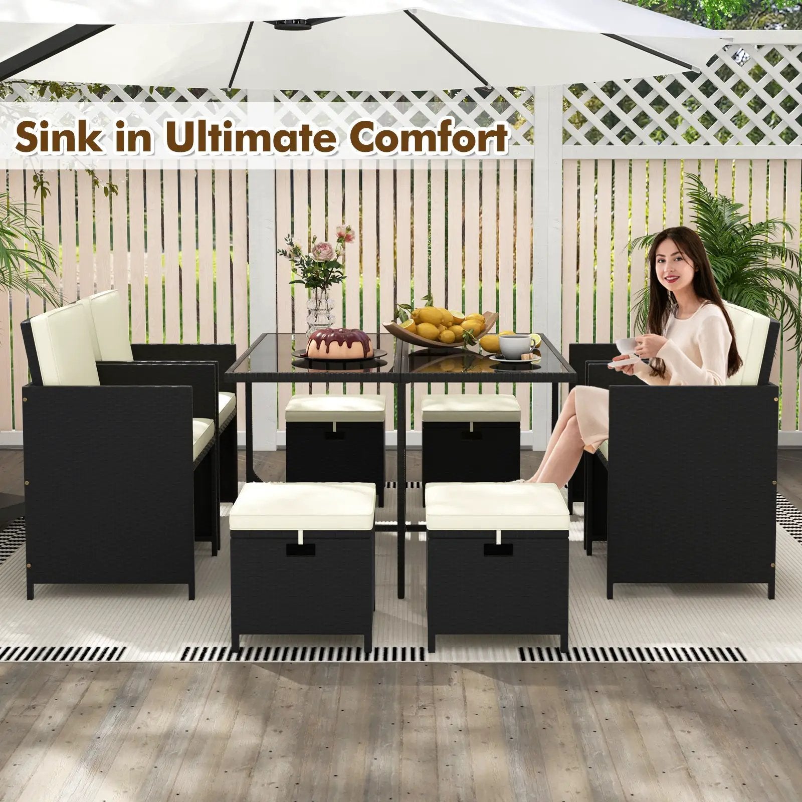 9 PCS Outdoor Dining Furniture Set with Tempered Glass Table and Ottomans-White by DirectDeals