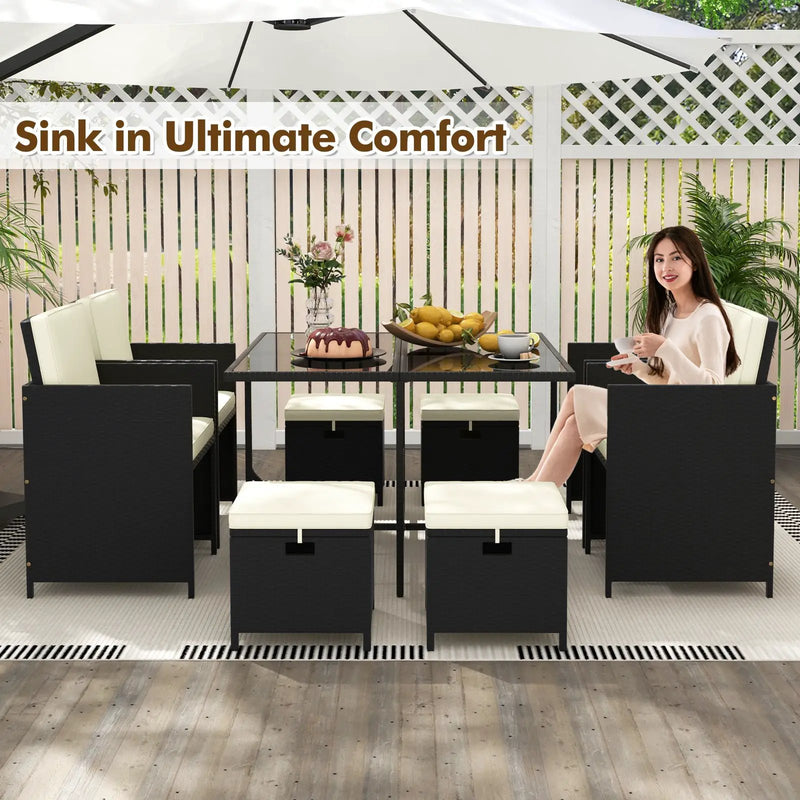9 PCS Outdoor Dining Furniture Set with Tempered Glass Table and Ottomans-White by DirectDeals