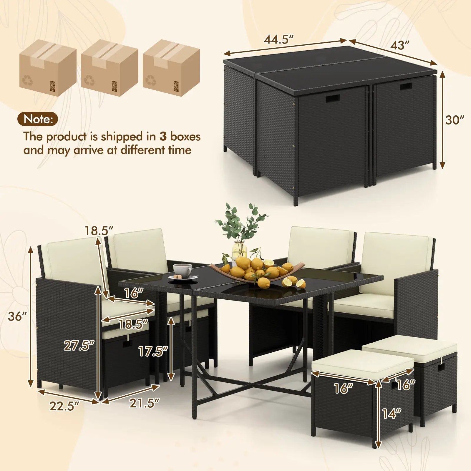 9 PCS Outdoor Dining Furniture Set with Tempered Glass Table and Ottomans-White by DirectDeals