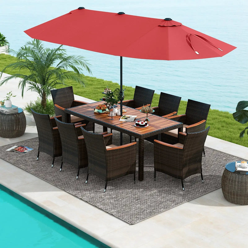 10 Piece Outdoor Dining Set with 15 Feet Double-Sided Twin Patio Umbrella by DirectDeals