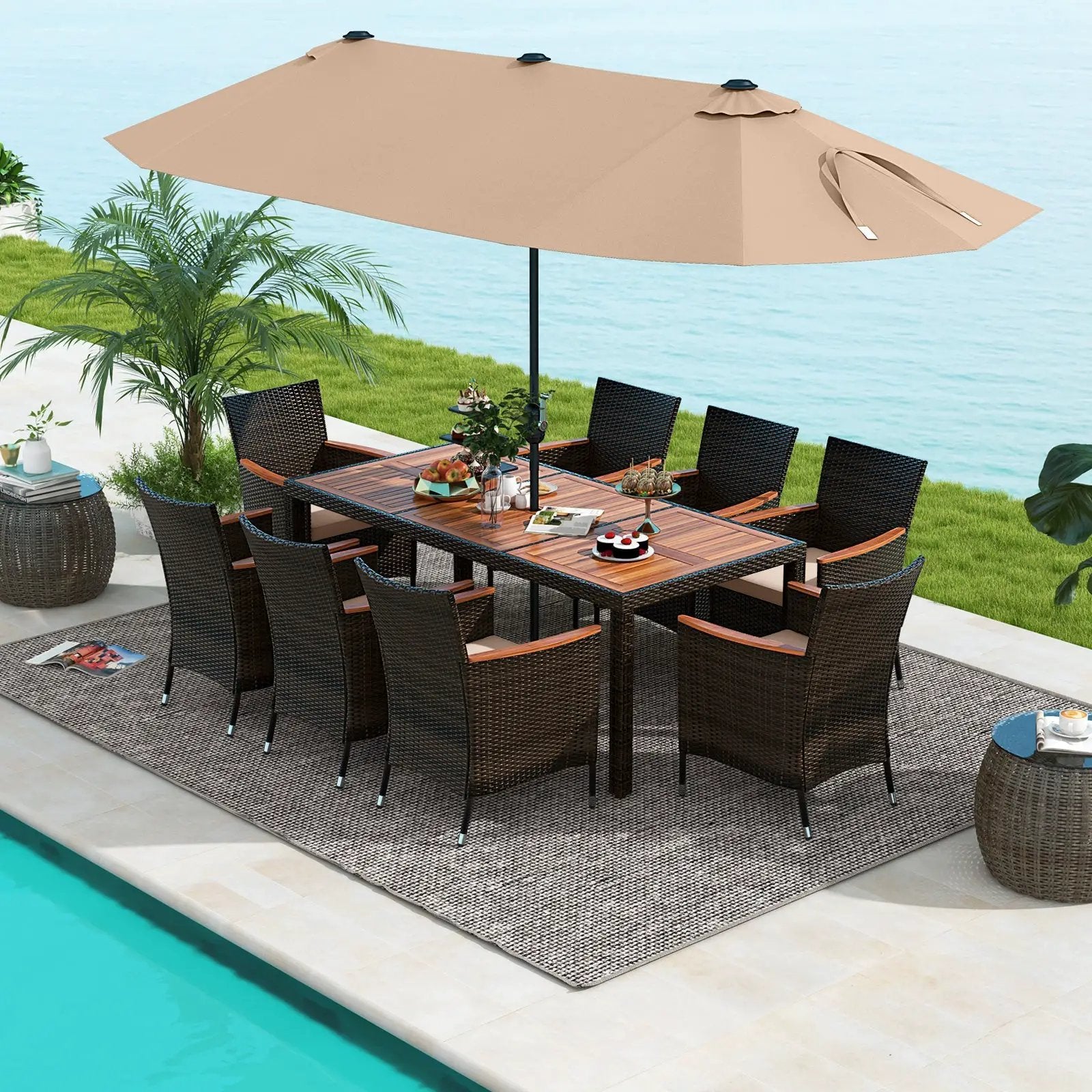10 Piece Outdoor Dining Set with 15 Feet Double-Sided Twin Patio Umbrella by DirectDeals