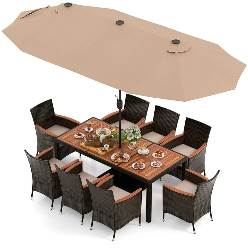 10 Piece Outdoor Dining Set with 15 Feet Double-Sided Twin Patio Umbrella by DirectDeals