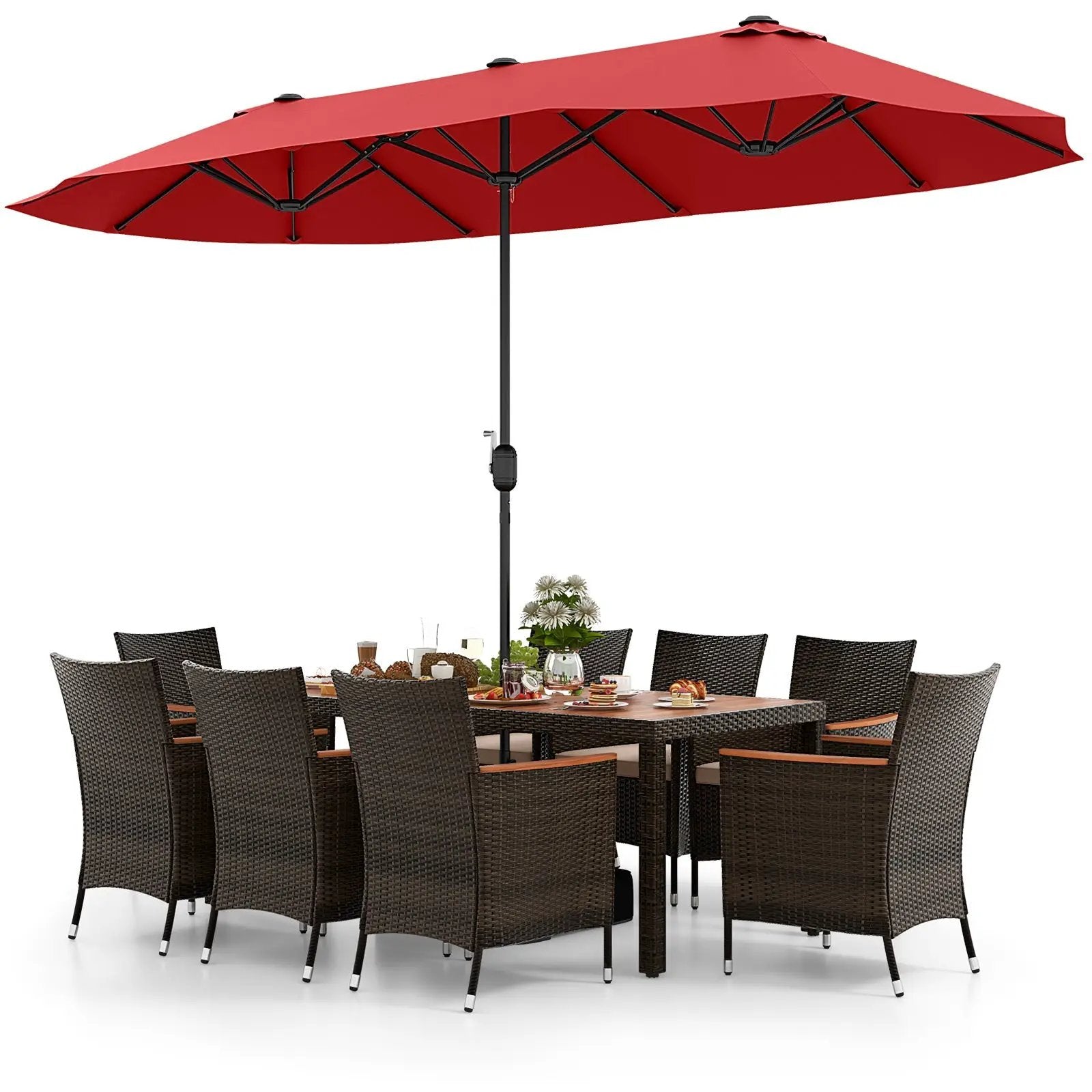 10 Piece Outdoor Dining Set with 15 Feet Double-Sided Twin Patio Umbrella by DirectDeals