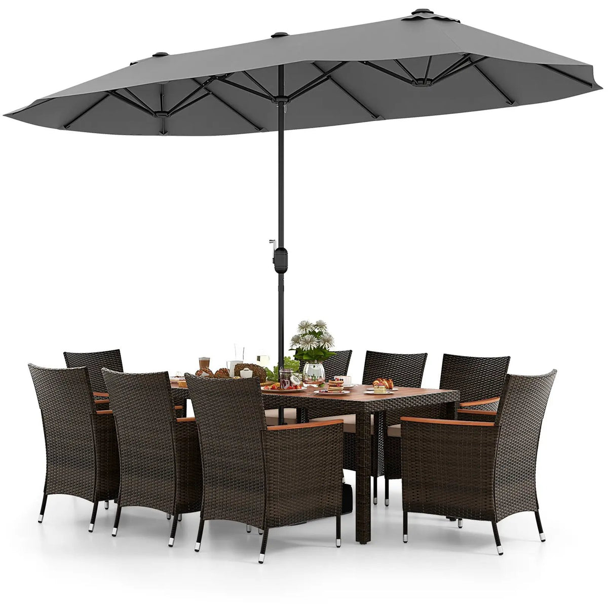 10 Piece Outdoor Dining Set with 15 Feet Double-Sided Twin Patio Umbrella by DirectDeals