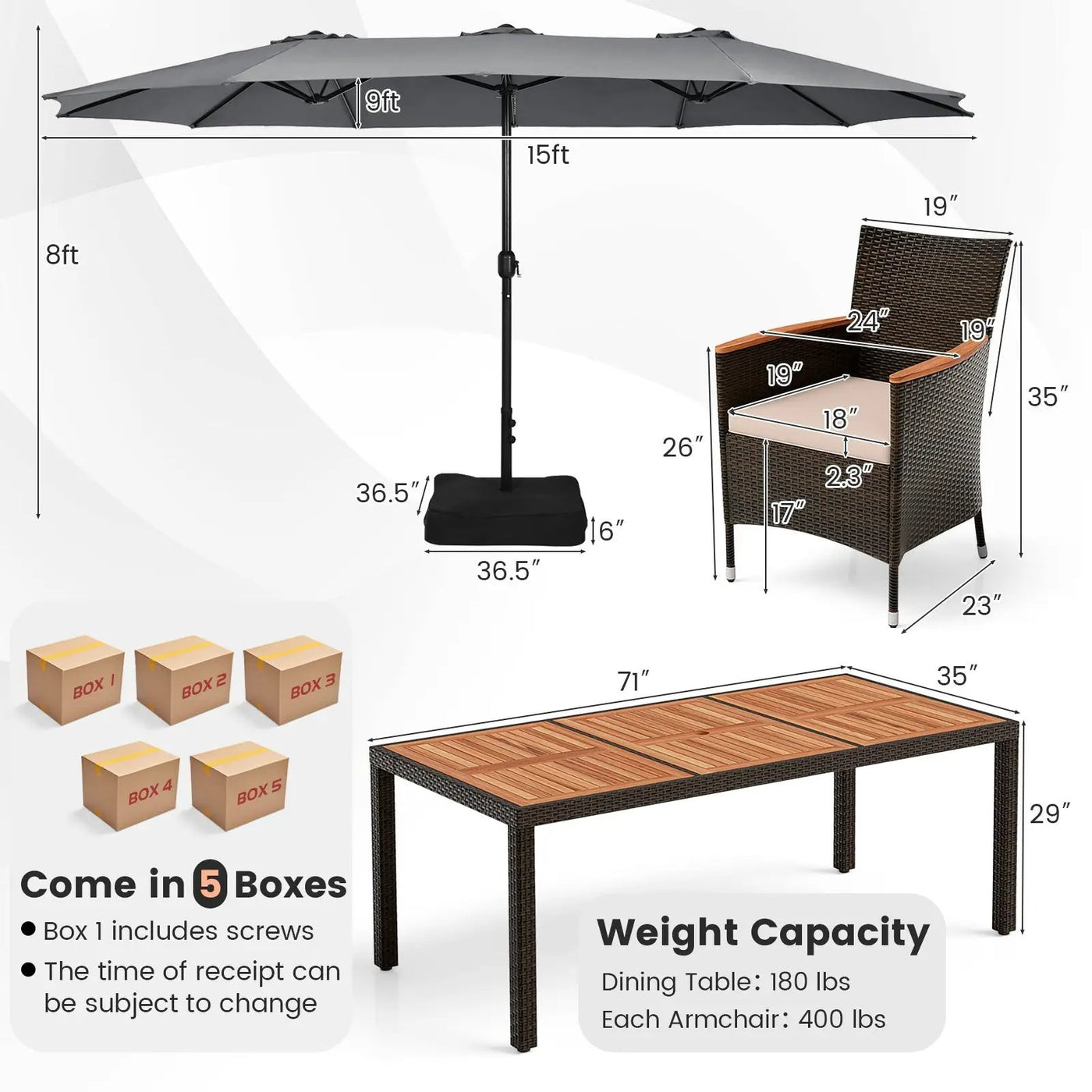 10 Piece Outdoor Dining Set with 15 Feet Double-Sided Twin Patio Umbrella by DirectDeals