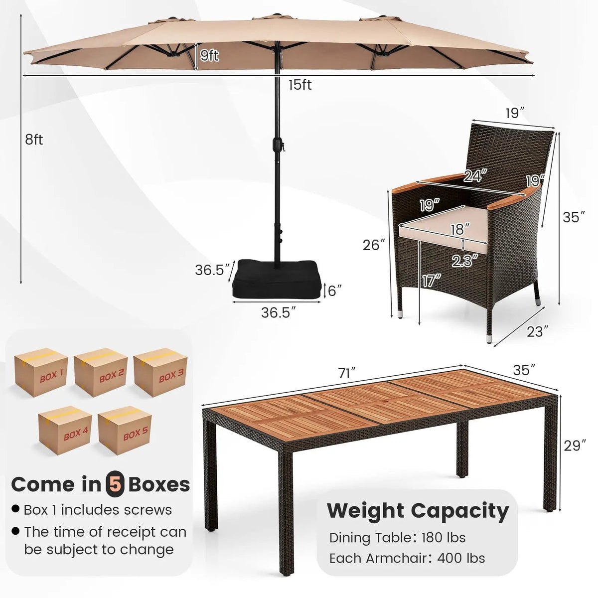 10 Piece Outdoor Dining Set with 15 Feet Double-Sided Twin Patio Umbrella by DirectDeals