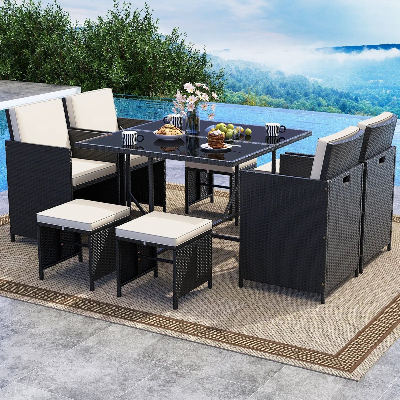 9 Piece Patio Dining Set with Tempered Glass Table and Ottoman by DirectDeals