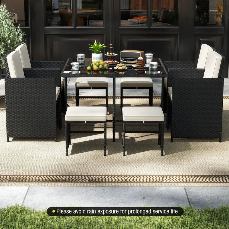 9 Piece Patio Dining Set with Tempered Glass Table and Ottoman by DirectDeals