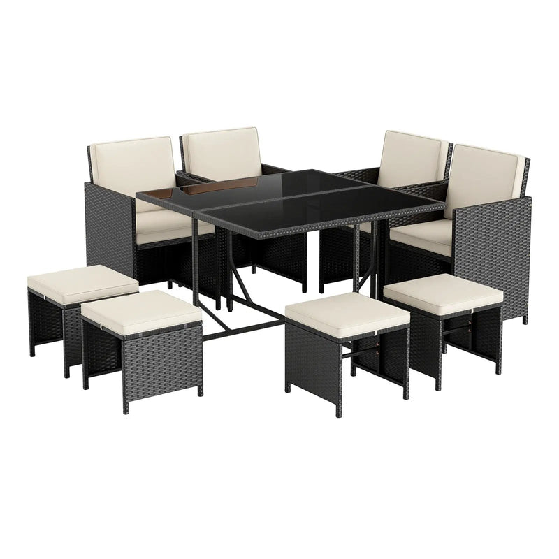9 Piece Patio Dining Set with Tempered Glass Table and Ottoman by DirectDeals