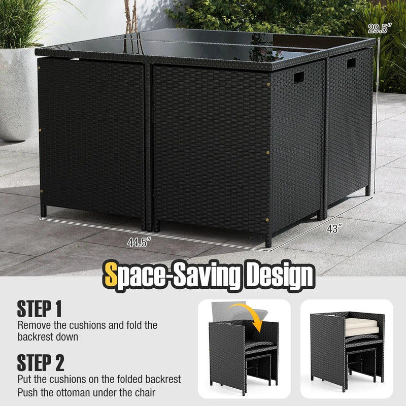 9 Piece Patio Dining Set with Tempered Glass Table and Ottoman by DirectDeals