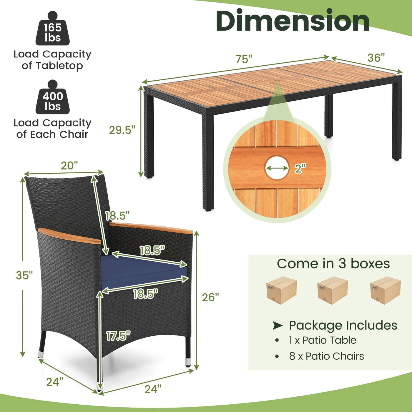 9 Pieces Outdoor Dining Set with Acacia Wood Tabletop by DirectDeals