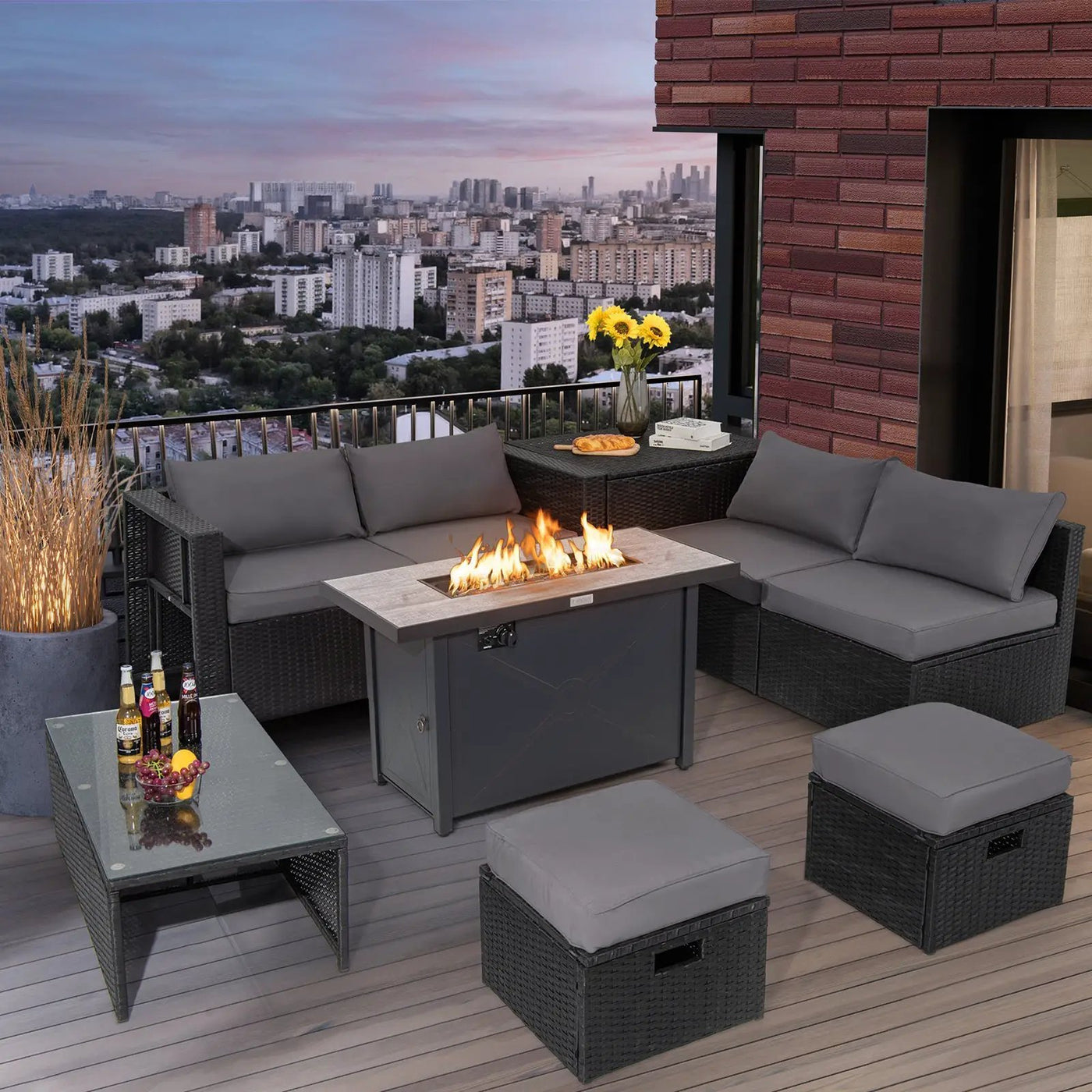 9 Pieces Outdoor PE Rattan Wicker Sectional Sofa with 42 Inch 60 000 BTU Gas Fire Pit Table by DirectDeals