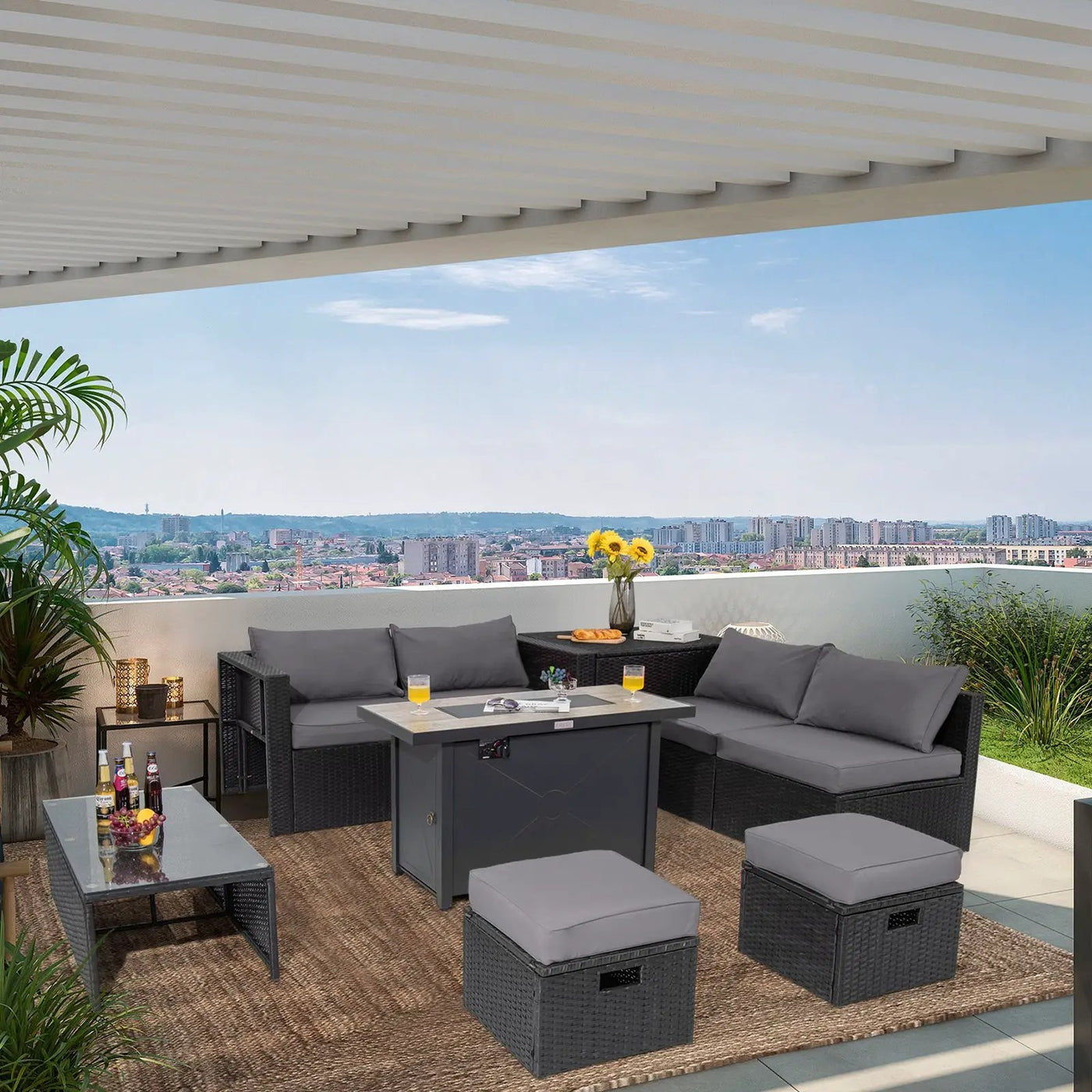 9 Pieces Outdoor PE Rattan Wicker Sectional Sofa with 42 Inch 60 000 BTU Gas Fire Pit Table by DirectDeals
