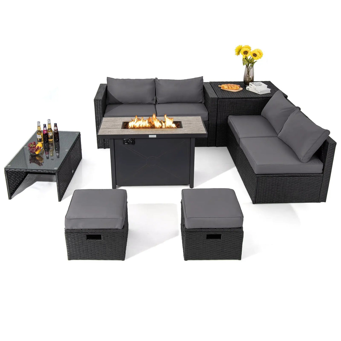 9 Pieces Outdoor PE Rattan Wicker Sectional Sofa with 42 Inch 60 000 BTU Gas Fire Pit Table by DirectDeals