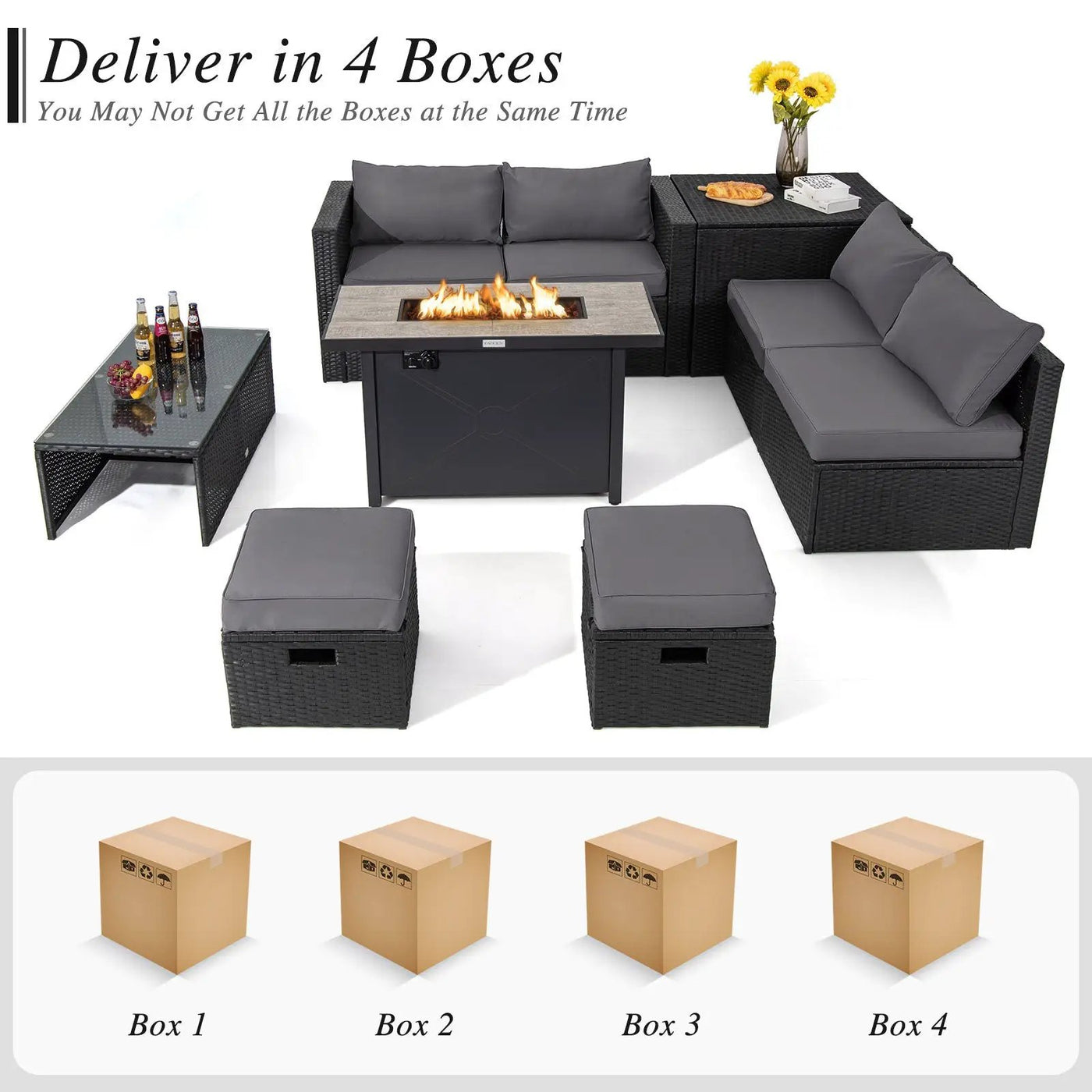 9 Pieces Outdoor PE Rattan Wicker Sectional Sofa with 42 Inch 60 000 BTU Gas Fire Pit Table by DirectDeals