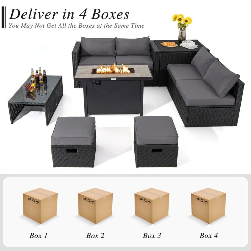 9 Pieces Outdoor PE Rattan Wicker Sectional Sofa with 42 Inch 60 000 BTU Gas Fire Pit Table by DirectDeals