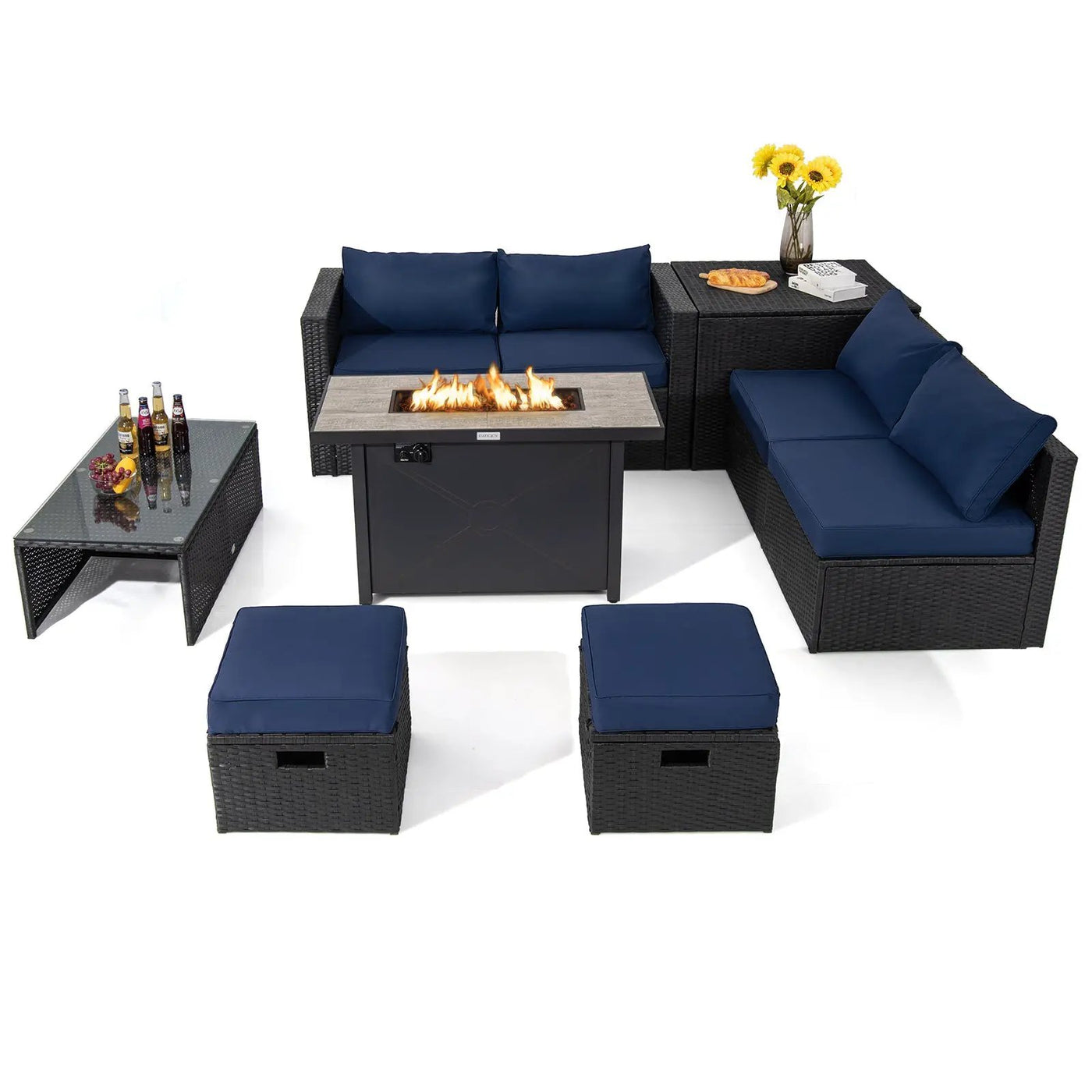 9 Pieces Outdoor PE Rattan Wicker Sectional Sofa with 42 Inch 60 000 BTU Gas Fire Pit Table by DirectDeals
