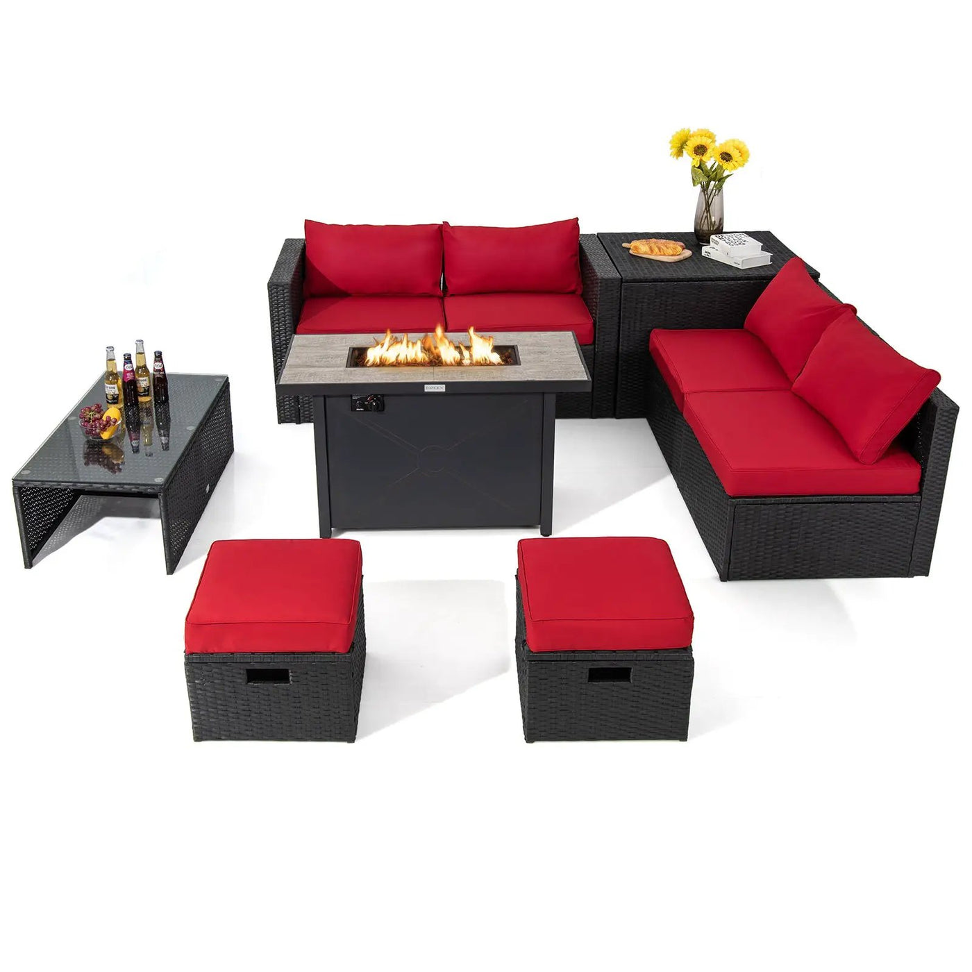 9 Pieces Outdoor PE Rattan Wicker Sectional Sofa with 42 Inch 60 000 BTU Gas Fire Pit Table by DirectDeals
