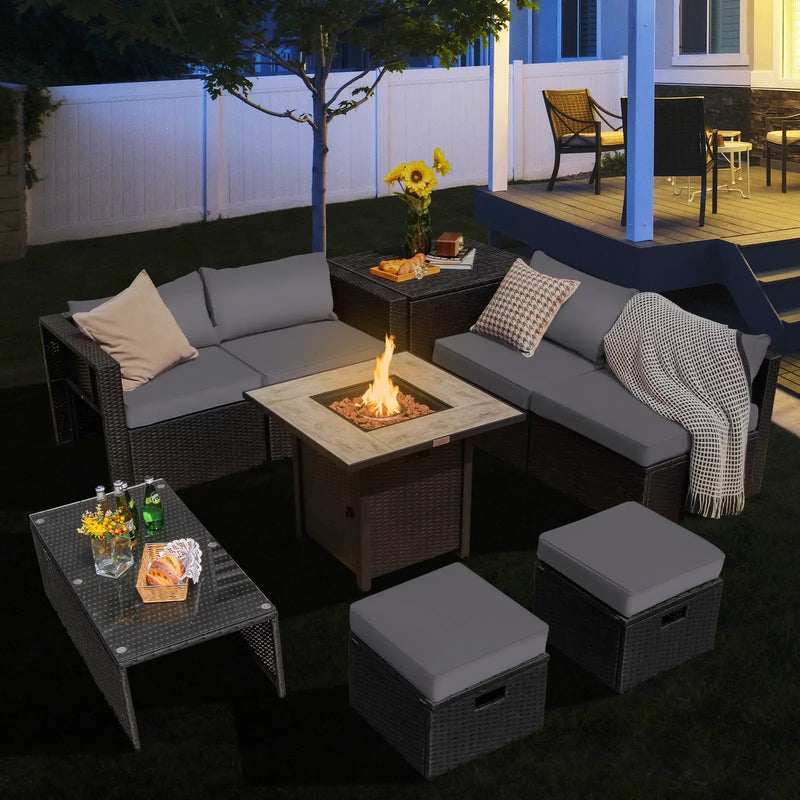 9 Pieces Outdoor PE Rattan Wicker Sectional Sofa with 42 Inch Gas Fire Pit Table by DirectDeals