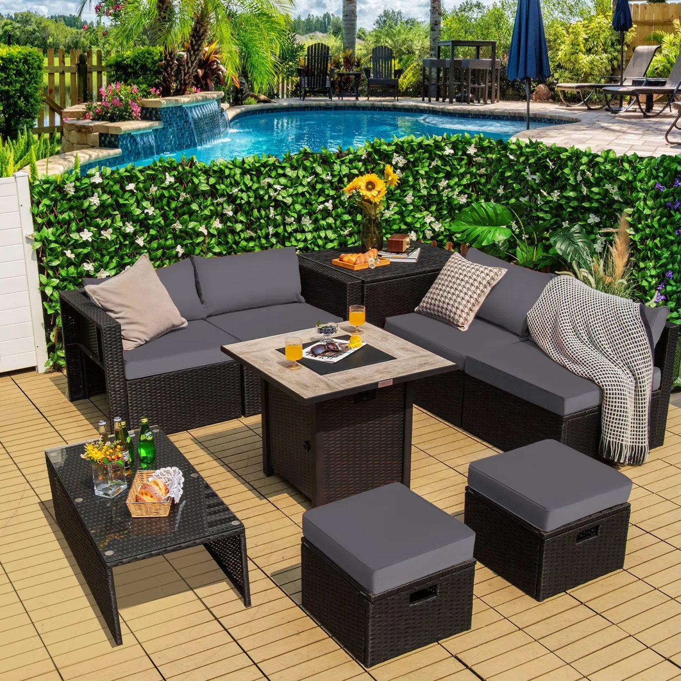 9 Pieces Outdoor PE Rattan Wicker Sectional Sofa with 42 Inch Gas Fire Pit Table by DirectDeals