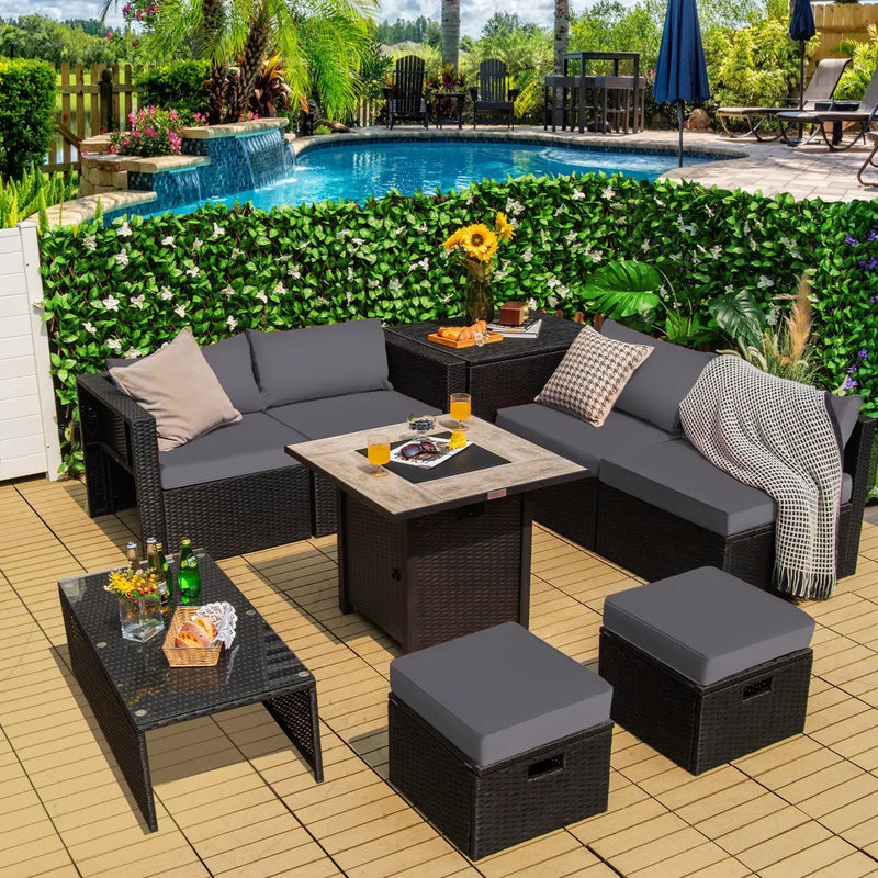 9 Pieces Outdoor PE Rattan Wicker Sectional Sofa with 42 Inch Gas Fire Pit Table by DirectDeals