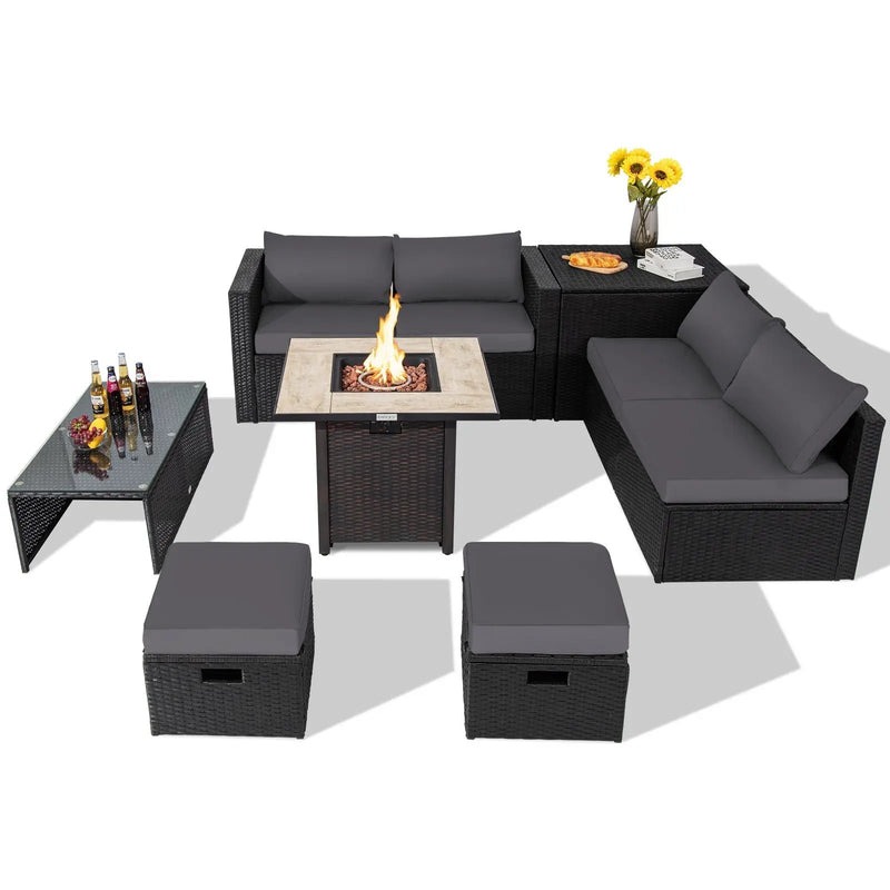 9 Pieces Outdoor PE Rattan Wicker Sectional Sofa with 42 Inch Gas Fire Pit Table by DirectDeals