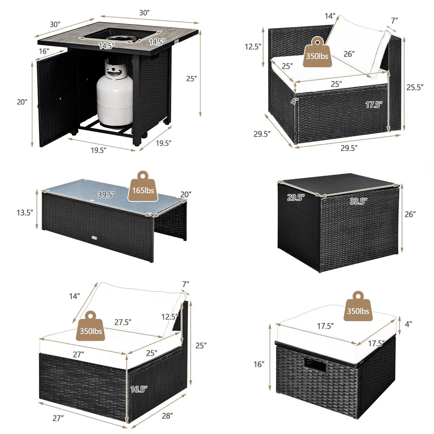 9 Pieces Outdoor PE Rattan Wicker Sectional Sofa with 42 Inch Gas Fire Pit Table by DirectDeals