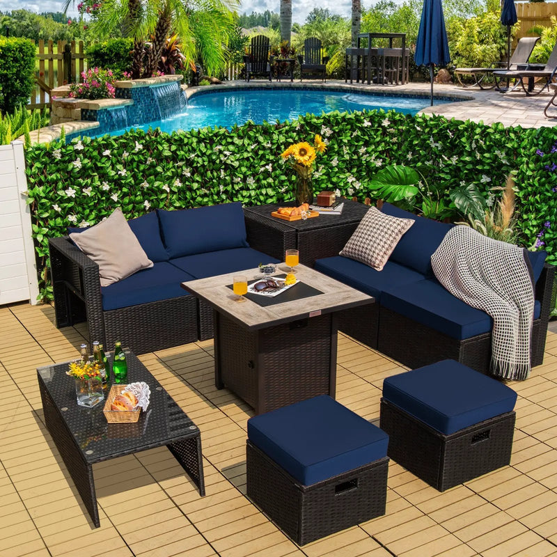 9 Pieces Outdoor PE Rattan Wicker Sectional Sofa with 42 Inch Gas Fire Pit Table by DirectDeals