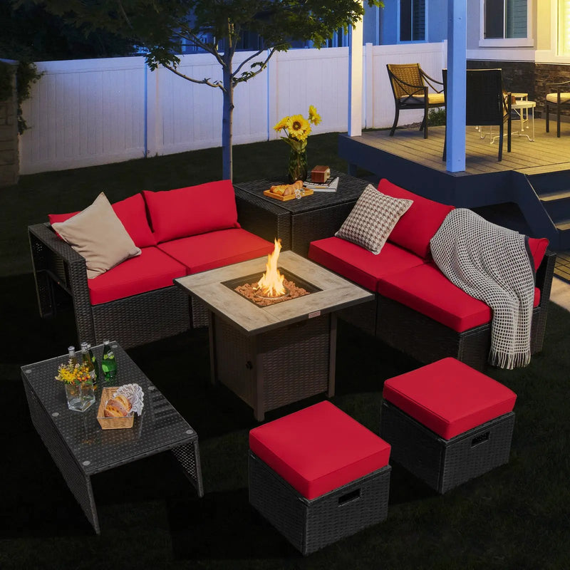9 Pieces Outdoor PE Rattan Wicker Sectional Sofa with 42 Inch Gas Fire Pit Table by DirectDeals