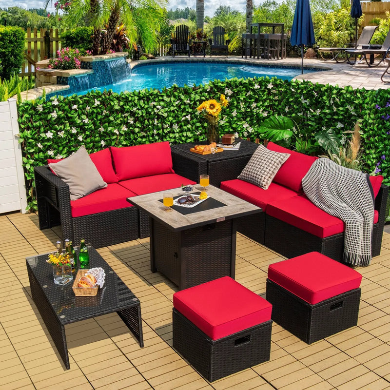 9 Pieces Outdoor PE Rattan Wicker Sectional Sofa with 42 Inch Gas Fire Pit Table by DirectDeals