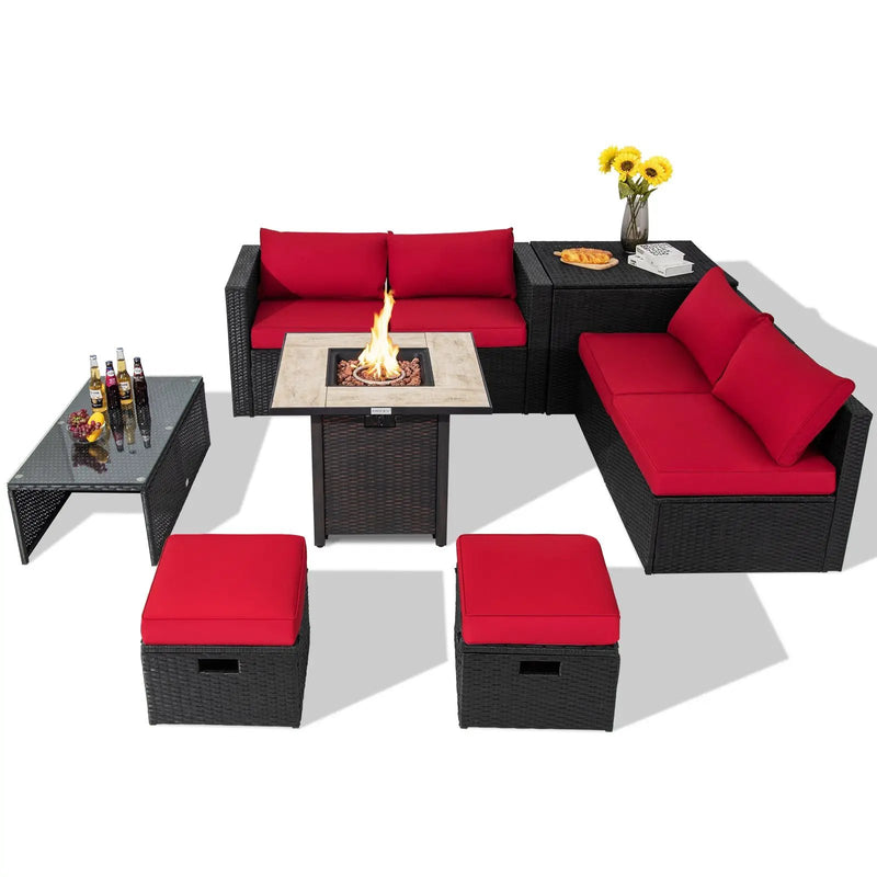 9 Pieces Outdoor PE Rattan Wicker Sectional Sofa with 42 Inch Gas Fire Pit Table by DirectDeals