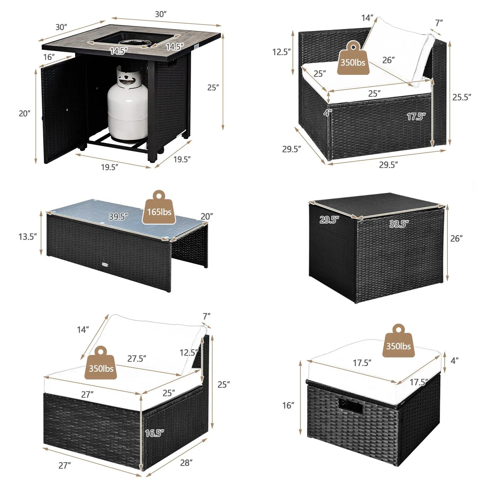 9 Pieces Outdoor PE Rattan Wicker Sectional Sofa with 42 Inch Gas Fire Pit Table by DirectDeals