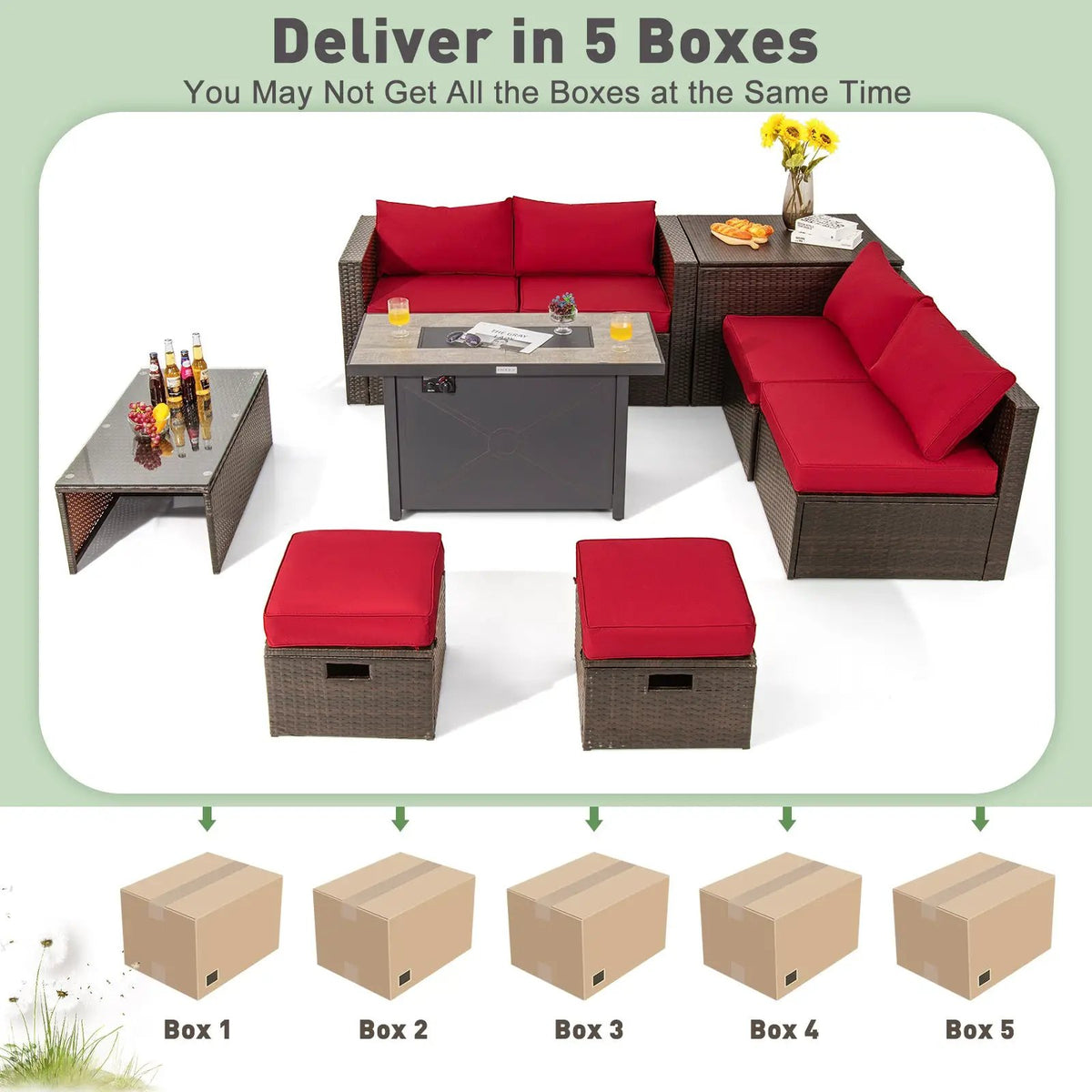 9 Pieces Outdoor Patio Furniture Set with 42 Inch Propane Fire Pit Table, photo 7 of 13