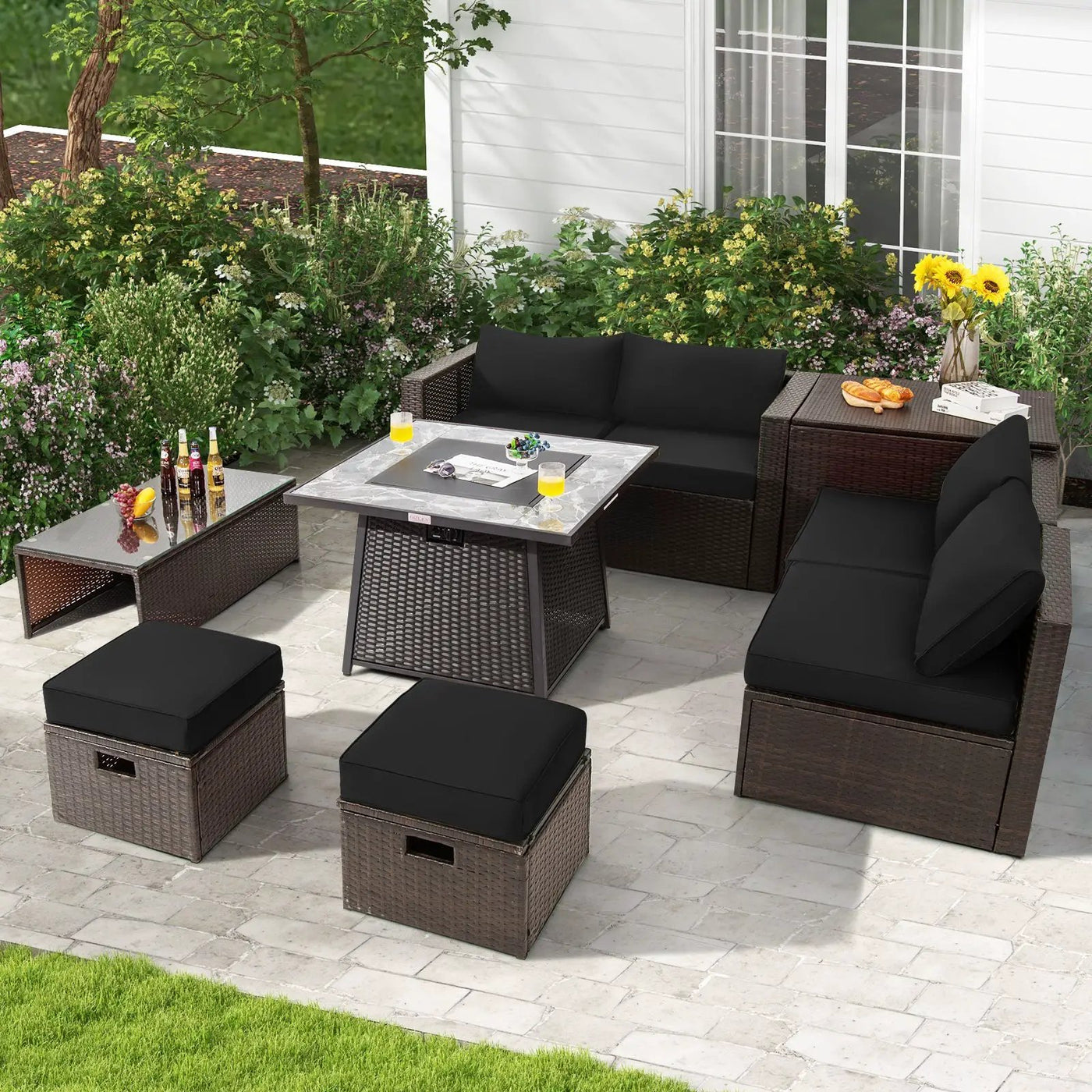 9 Pieces Patio PE Wicker Sectional Set with 50000 BTU Fire Pit Table by DirectDeals