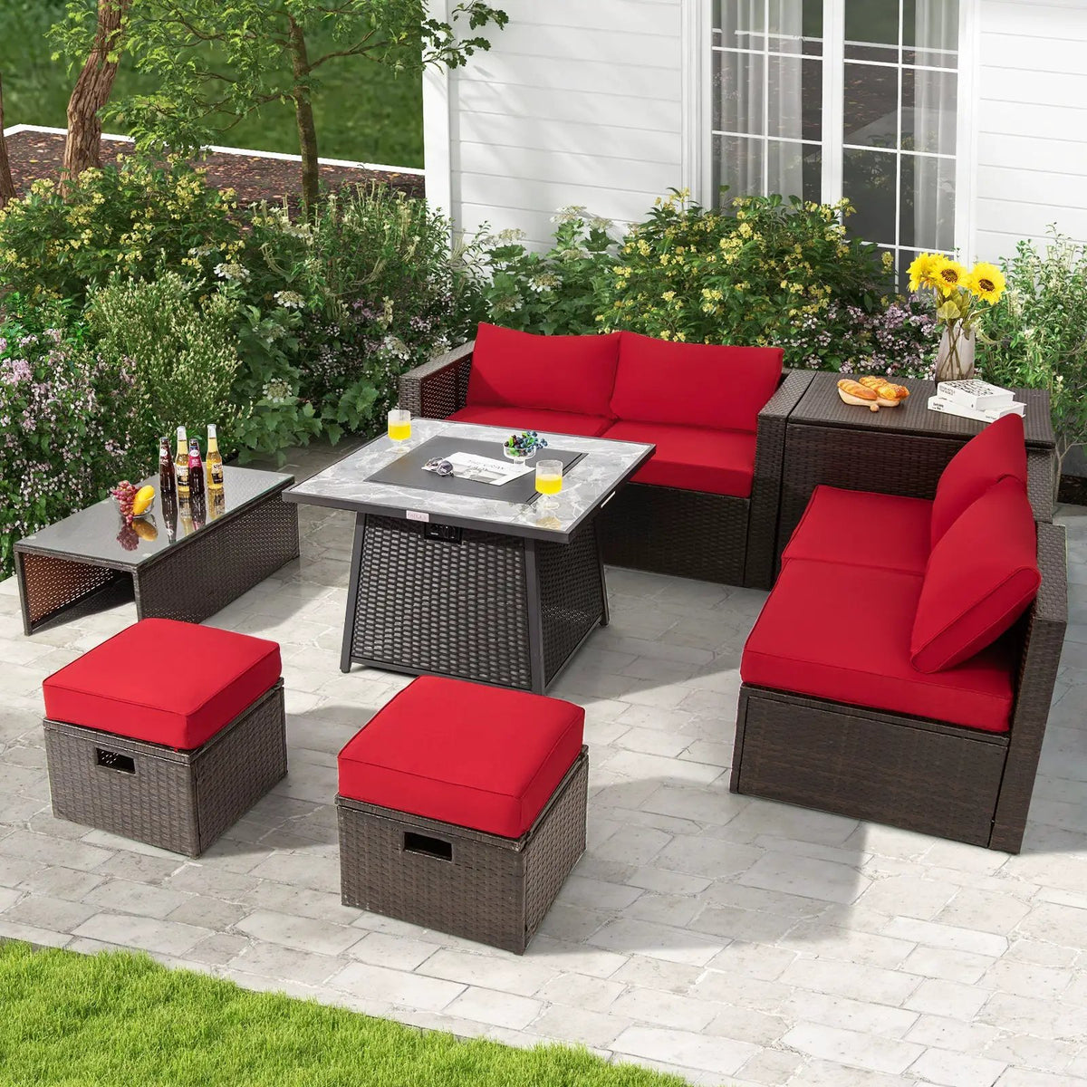 9 Pieces Patio PE Wicker Sectional Set with 50000 BTU Fire Pit Table by DirectDeals