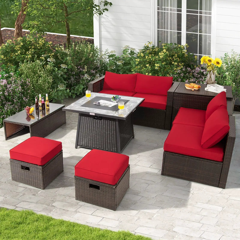 9 Pieces Patio PE Wicker Sectional Set with 50000 BTU Fire Pit Table by DirectDeals