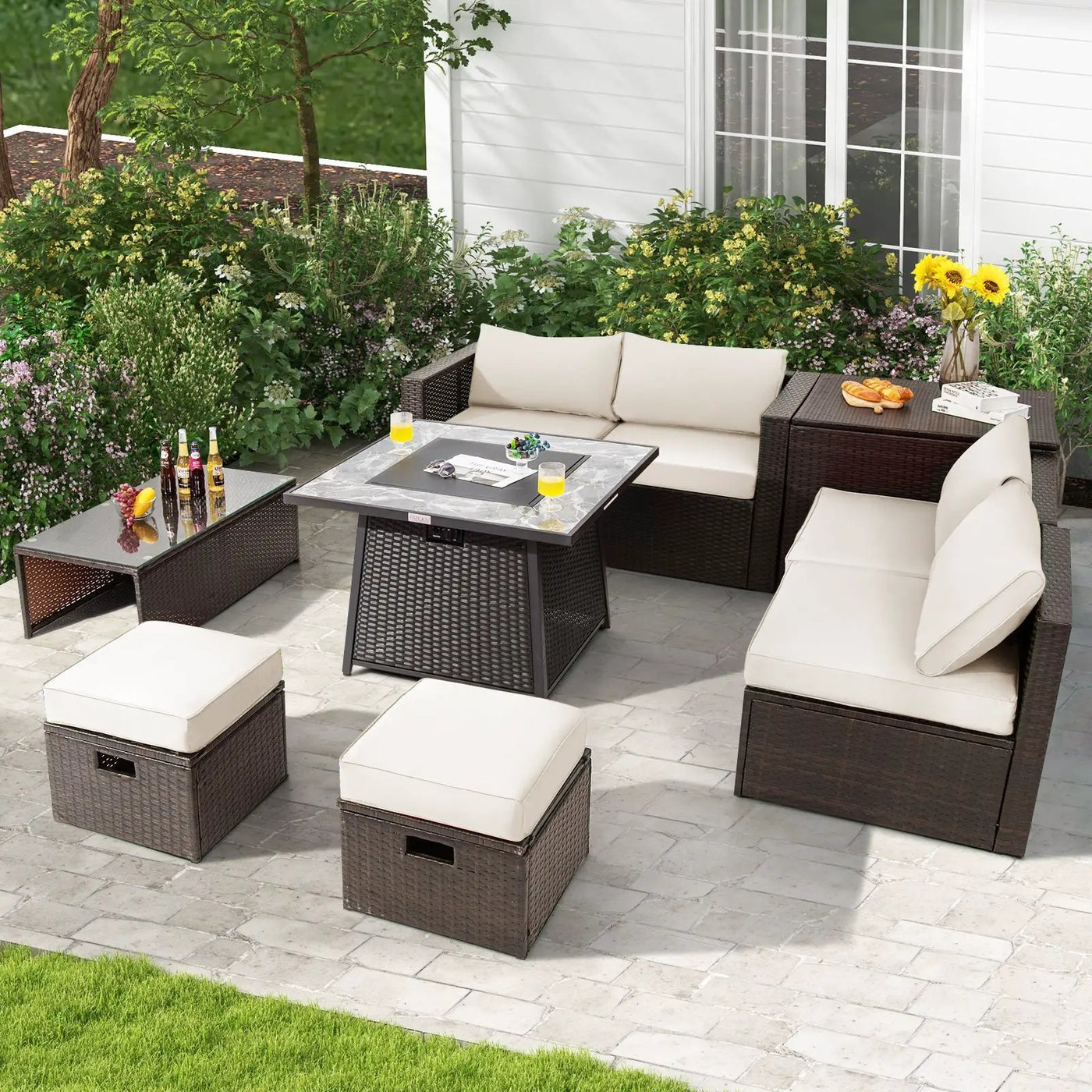 9 Pieces Patio PE Wicker Sectional Set with 50000 BTU Fire Pit Table by DirectDeals