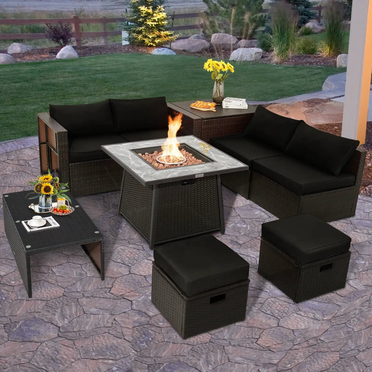 9 Pieces Patio PE Wicker Sectional Set with 50000 BTU Fire Pit Table by DirectDeals