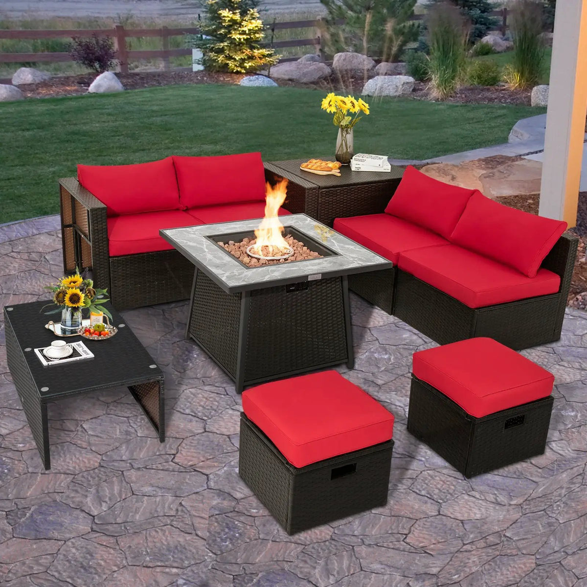 9 Pieces Patio PE Wicker Sectional Set with 50000 BTU Fire Pit Table by DirectDeals